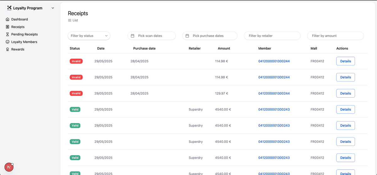 Page des receipts